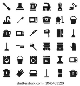 Flat vector icon set - plunger vector, vacuum cleaner, fetlock, mop, bucket, sponge, car, rubber glove, water tap, kettle, spatula, microwave oven, double boiler, fridge, washer, dishwasher, mixer