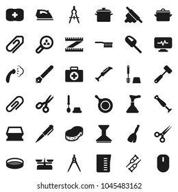 Flat vector icon set - plunger vector, broom, fetlock, sponge, car, iron, steaming, toilet brush, pan, measuring cup, rolling pin, meat hammer, sieve, pen, drawing compass, scissors, first aid kit
