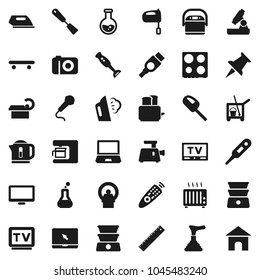 Flat vector icon set - plunger vector, cleaner trolley, steaming, spatula, mixer, toaster, oven, double boiler, blender, ruler, microscope, flask, skateboard, tv, remote control, monitor, thumbtack