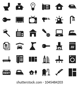 Flat vector icon set - plunger vector, vacuum cleaner, iron, toilet, skimmer, house, chalet, garage, estate document, rent signboard, office building, key, bath, fireplace, tv, washer, dishwasher