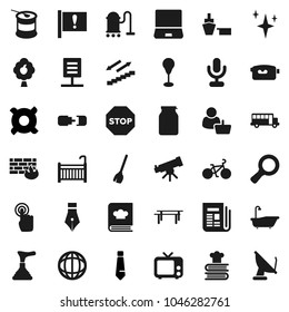 Flat vector icon set - plunger vector, broom, vacuum cleaner, shining, bath, cookbook, jar, pen, telescope, school bus, world, magnifier, tie, any currency, bike, horizontal bar, punching bag, port
