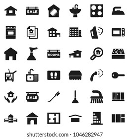 Flat vector icon set - plunger vector, cleaner trolley, fetlock, sponge, car, welcome mat, iron, steaming, shining window, house hold, sink, oven, school building, dry cargo, home, cottage, plan