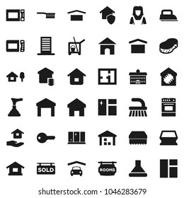 Flat vector icon set - plunger vector, cleaner trolley, fetlock, sponge, window cleaning, shining, house hold, woman, microwave oven, university, dry cargo, warehouse, home, chalet, garage, plan