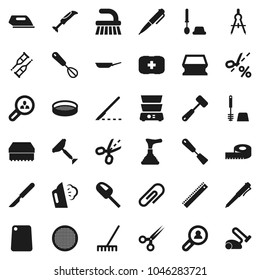 Flat vector icon set - plunger vector, scraper, fetlock, rake, sponge, steaming, toilet brush, pan, whisk, spatula, meat hammer, cutting board, double boiler, sieve, ruler, drawing compass, pen