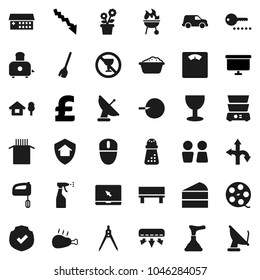Flat vector icon set - plunger vector, broom, foam basin, sprayer, water closet, hand mill, toaster, double boiler, bbq, pasta, cake, chicken leg, drawing compass, crisis, presentation board, pound