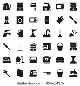 Flat vector icon set - plunger vector, water tap, vacuum cleaner, fetlock, mop, bucket, sponge, car, washing powder, rubber glove, kettle, spatula, microwave oven, double boiler, fridge, washer