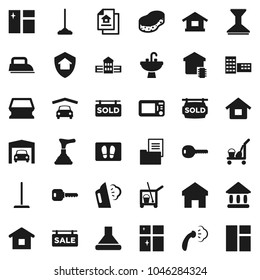 Flat vector icon set - plunger vector, cleaner trolley, mop, sponge, car fetlock, window cleaning, welcome mat, steaming, shining, sink, school building, university, home, key, house, garage, sold