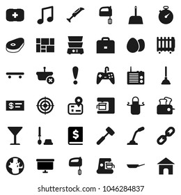 Flat vector icon set - plunger vector, scoop, toilet brush, pan, apron, meat hammer, mixer, double boiler, egg, steak, case, music, world, annual report, presentation board, stopwatch, skateboard