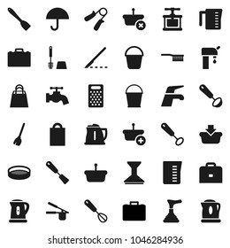 Flat vector icon set - plunger vector, broom, water tap, fetlock, bucket, car, toilet brush, kettle, measuring cup, cook press, whisk, spatula, ladle, grater, sieve, case, hand trainer, umbrella