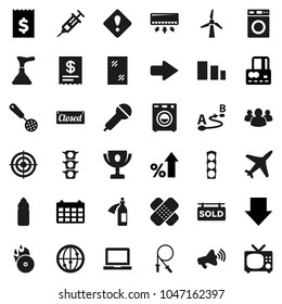 Flat vector icon set - plunger vector, window cleaning, washer, skimmer, notebook pc, award cup, credit card, percent growth, receipt, arrow down, calendar, jump rope, target, water bottle, plane