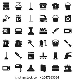 Flat vector icon set - plunger vector, water tap, vacuum cleaner, fetlock, mop, bucket, sponge, car, washing powder, kettle, spatula, microwave oven, double boiler, blender, washer, dishwasher, hood