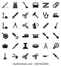 Flat vector icon set - plunger vector, scraper, broom, sponge, car fetlock, iron, steaming, toilet brush, pan, cook press, spatula, ladle, grater, sieve, pen, ruler, drawing compass, scissors