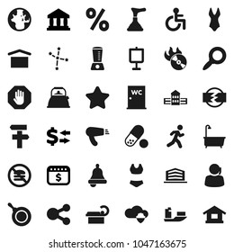 Flat vector icon set - plunger vector, bath, water closet, pan, kettle, school building, bell, presentation, world, magnifier, constellation, bank, exchange, dollar calendar, swimsuite, pills, run