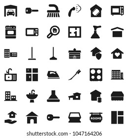 Flat vector icon set - plunger vector, fetlock, mop, sponge, car, iron, steaming, shining window, house hold, sink, microwave oven, university, school building, dry cargo, key, cottage, garage, plan