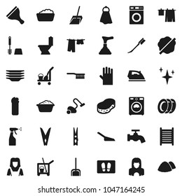 Flat vector icon set - plunger vector, scraper, cleaner trolley, vacuum, fetlock, scoop, clothespin, sponge, towel, water tap, car, shining, splotch, welcome mat, iron, toilet, drying clothes, brush