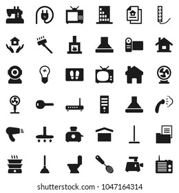 Flat vector icon set - plunger vector, vacuum cleaner, mop, welcome mat, steaming, toilet, house hold, skimmer, dry cargo, home, estate document, key, fireplace, tv, building, power plug, hood, fan