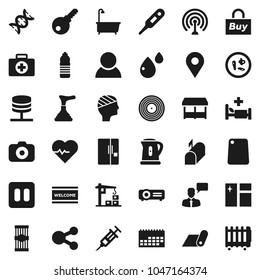 Flat vector icon set - plunger vector, window cleaning, welcome mat, bath, kettle, cutting board, pasta, heart pulse, water bottle, fitness, first aid kit, calendar, disk, camera, antenna, dna, pin