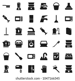 Flat vector icon set - plunger vector, water tap, vacuum cleaner, fetlock, mop, bucket, sponge, car, washing powder, rubber glove, spatula, microwave oven, double boiler, blender, fridge, washer