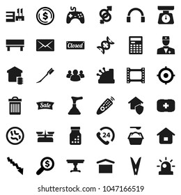 Flat vector icon set - plunger vector, clothespin, trash bin, car fetlock, washing powder, scales, calculator, dollar coin, crisis, money search, target, first aid kit, phone 24, dry cargo, gamepad
