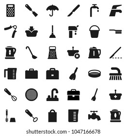 Flat vector icon set - plunger vector, broom, water tap, fetlock, bucket, toilet brush, kettle, measuring cup, whisk, spatula, ladle, grater, sieve, case, hand trainer, umbrella, scalpel, supply