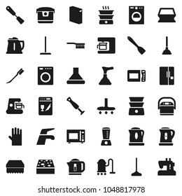 Flat vector icon set - plunger vector, water tap, vacuum cleaner, fetlock, mop, sponge, car, washing powder, rubber glove, kettle, spatula, microwave oven, double boiler, fridge, washer, dishwasher