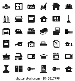 Flat vector icon set - plunger vector, cleaner trolley, fetlock, sponge, car, window cleaning, welcome mat, iron, microwave oven, university, school building, dry cargo, warehouse, home, key, house