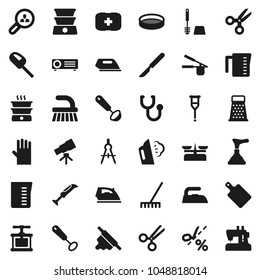 Flat vector icon set - plunger vector, fetlock, rake, iron, steaming, toilet brush, rubber glove, measuring cup, cook press, whisk, ladle, rolling pin, cutting board, grater, sieve, drawing compass