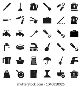 Flat vector icon set - plunger vector, broom, water tap, fetlock, car, pan, kettle, measuring cup, cook press, whisk, spatula, ladle, grater, sieve, case, hand trainer, umbrella, scalpel, supply