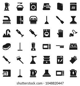 Flat vector icon set - plunger vector, vacuum cleaner, fetlock, mop, sponge, car, washing powder, rubber glove, water tap, kettle, spatula, microwave oven, double boiler, blender, fridge, washer