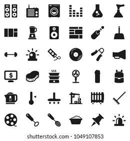 Flat vector icon set - plunger vector, vacuum cleaner, rake, scoop, sponge, foam basin, cleaning agent, whisk, skimmer, thermometer, backpack, flask, monitor dollar, barbell, hand trainer, disk, fan