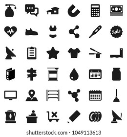 Flat vector icon set - plunger vector, water drop, liquid soap, plates, cook press, jar, pencil, corner ruler, student, magnet, molecule, calculator, binder, clipboard, snickers, swimsuite, t shirt