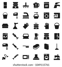 Flat vector icon set - plunger vector, water tap, vacuum cleaner, fetlock, mop, bucket, sponge, washing powder, rubber glove, microwave oven, double boiler, blender, fridge, washer, dishwasher, hood