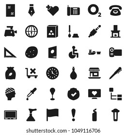 Flat vector icon set - plunger vector, window cleaning, toilet brush, agent, oil, cereal, potato, pen, corner ruler, flag, punching bag, heart monitor, oxygen, attention, office, clock, port, jack