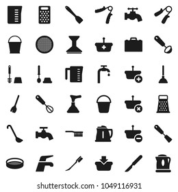 Flat vector icon set - plunger vector, broom, water tap, fetlock, bucket, car, toilet brush, kettle, measuring cup, whisk, spatula, ladle, grater, sieve, case, hand trainer, scalpel, supply, basket