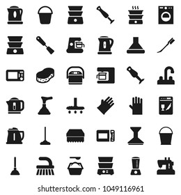 Flat vector icon set - plunger vector, vacuum cleaner, fetlock, mop, bucket, sponge, car, washing powder, rubber glove, water tap, kettle, spatula, double boiler, blender, washer, dishwasher, hood