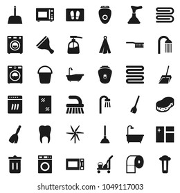 Flat vector icon set - plunger vector, scraper, cleaner trolley, broom, fetlock, scoop, bucket, sponge, towel, trash bin, window cleaning, welcome mat, bath, washer, liquid soap, toilet paper, tooth