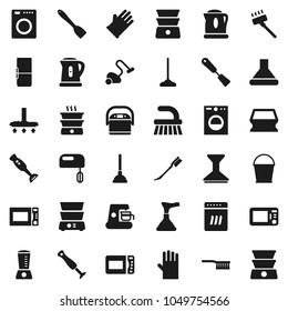 Flat vector icon set - plunger vector, vacuum cleaner, fetlock, mop, bucket, sponge, car, rubber glove, kettle, spatula, microwave oven, double boiler, blender, fridge, washer, dishwasher, mixer