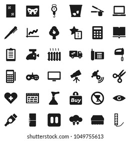 Flat vector icon set - plunger vector, sponge, trash bin, window cleaning, scales, cook press, book, pen, telescope, notebook pc, schedule, scissors, graph, clipboard, no alcohol sign, phone, hdmi