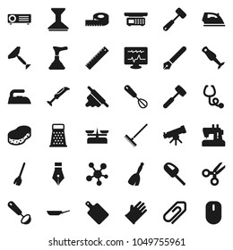 Flat vector icon set - plunger vector, scraper, broom, rake, sponge, car fetlock, iron, rubber glove, pan, whisk, ladle, rolling pin, meat hammer, cutting board, grater, blender, pen, ruler, mouse