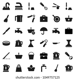 Flat vector icon set - plunger vector, broom, fetlock, bucket, water tap, car, toilet brush, pan, kettle, measuring cup, cook press, whisk, ladle, sieve, case, hand trainer, umbrella, scalpel