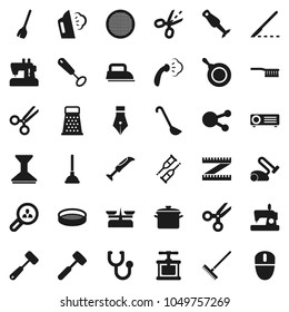 Flat vector icon set - plunger vector, broom, fetlock, rake, car, steaming, pan, cook press, whisk, ladle, meat hammer, grater, blender, sieve, pen, scissors, measuring, social media, crutches, iron