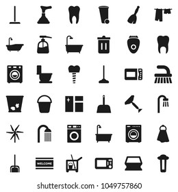 Flat vector icon set - plunger vector, scraper, cleaner trolley, broom, fetlock, mop, scoop, bucket, sponge, towel, trash bin, window cleaning, welcome mat, bath, toilet, drying clothes, washer