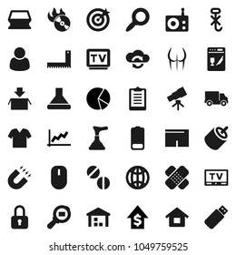 Flat vector icon set - plunger vector, sponge, corner ruler, telescope, magnet, magnifier, graph, pie, dollar growth, clipboard, buttocks, shorts, delivery, no hook, warehouse, cargo search, radio