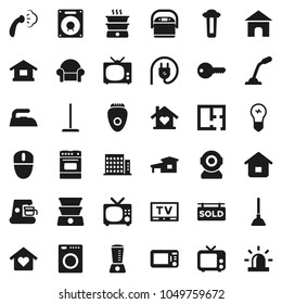 Flat vector icon set - plunger vector, mop, iron, steaming, oven, tv, cottage, plan, sold signboard, apartments, key, cushioned furniture, love home, power plug, washer, coffee maker, multi cooker