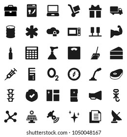 Flat vector icon set - plunger vector, scoop, shining, window cleaning, microwave oven, steak, cake, oil, compass, case, calculator, scales, muscule hand, oxygen, traffic light, delivery, document
