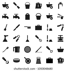 Flat vector icon set - plunger vector, broom, fetlock, bucket, water tap, car, toilet brush, pan, kettle, measuring cup, cook press, whisk, spatula, ladle, grater, sieve, case, hand trainer, scalpel