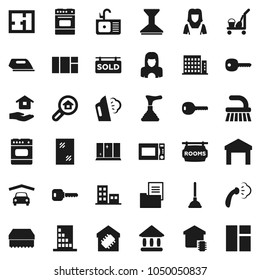 Flat vector icon set - plunger vector, cleaner trolley, fetlock, sponge, car, window cleaning, steaming, shining, house hold, sink, woman, microwave oven, university, warehouse, key, garage, plan