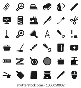 Flat vector icon set - plunger vector, scraper, rake, sponge, car fetlock, steaming, toilet brush, pan, measuring cup, cook press, whisk, ladle, cutting board, grater, sieve, ruler, drawing compass