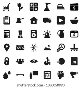 Flat vector icon set - plunger vector, cleaner trolley, vacuum, turk coffee, jug, blackboard, abacus, calculator, dollar calendar, skateboard, map pin, tulip, speaker, group, play button, disabled