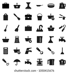 Flat vector icon set - plunger vector, broom, water tap, bucket, car fetlock, pan, kettle, measuring cup, cook press, whisk, spatula, ladle, grater, sieve, case, hand trainer, umbrella, shopping bag